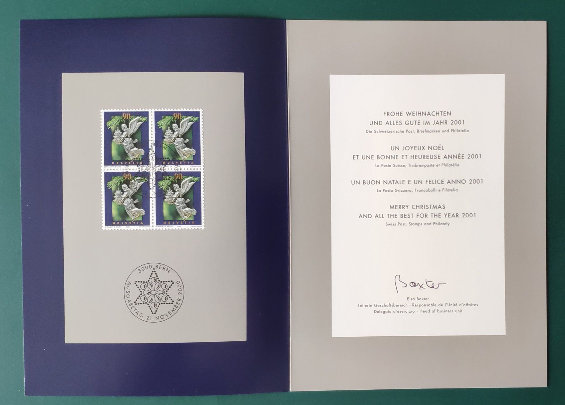 Tutti i francobolli: Weihnachts Engel  FDC 2000 Bern  Voll- +  Eck-Stemel. plus . – Usato da Volketswil venduto da Spacepanda 1
