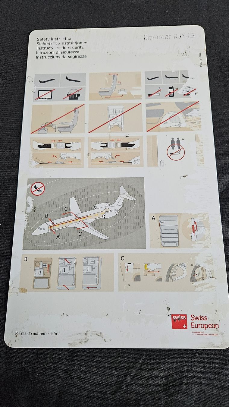Cartoline: Embraer RJ145 Safety instruction Card – Usato da Ettingen venduto da samiba 1
