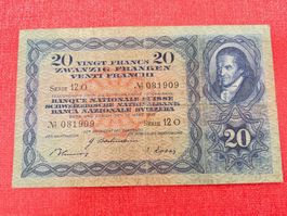 20 Franken Banknote 1939 gebraucht seltener Jahrgang
