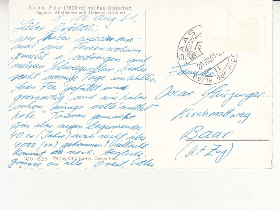 Cartoline postali: Saas Fee 1961 – Usato da Bürglen TG venduto da StampGraf 1