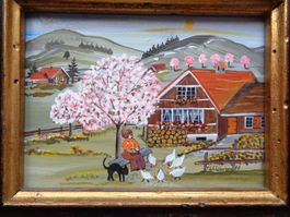 APPENZELLER BILD HÜHNER KATZE SIGN. BAUERNMALEREI NAIV