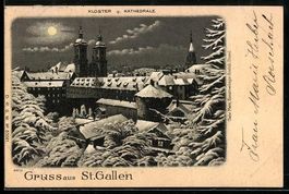 Winter-Lithographie St. Gallen, Kloster 