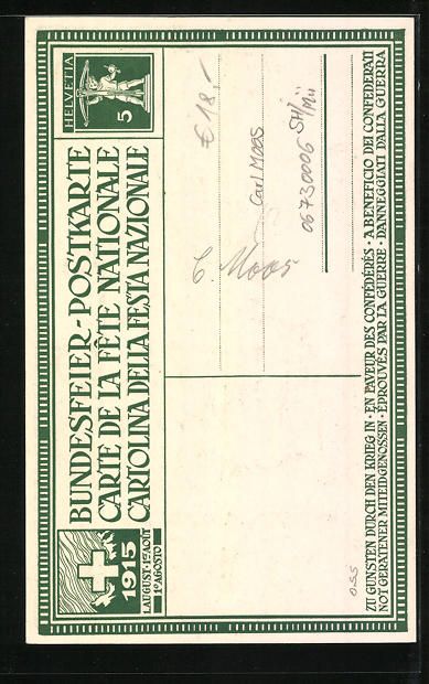 Cartoline postali: Schweizer Bundesfeier 1915, Denkmal mit  – Usato da Berlin venduto da bartko-reher 1