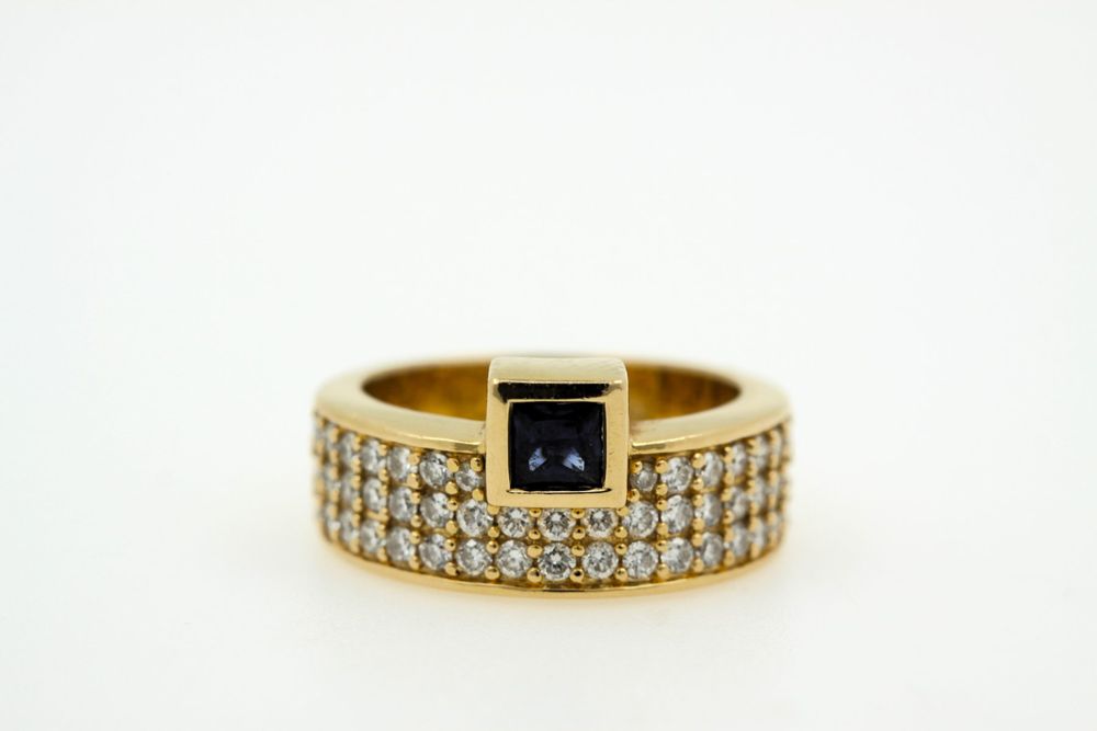 Retro Gold 5,5 Karat Natürlicher Dunkelblauer Saphir And Diamant Cocktail-Edelstein Ring 1950 Im