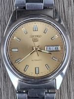 Seiko 5 D/D Auto with gold dial.July 1981 37mm case 19 cms b