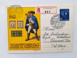 R - Karte TAG der BRIEFMARKE 1943 FRIBOURG SSt. 5.XII.43