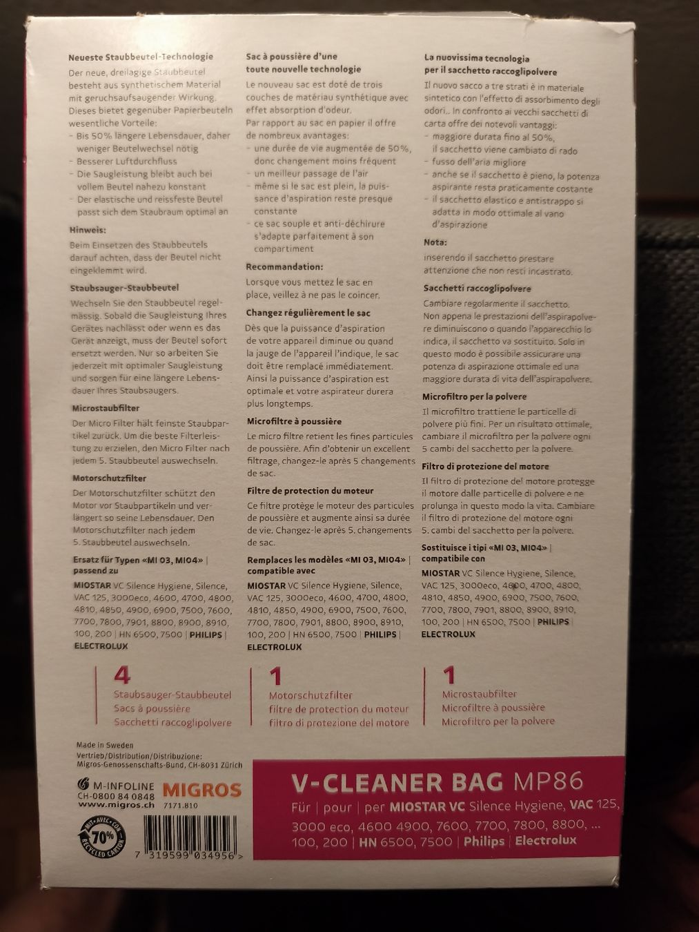 Migros Sonstiges für Haushalt & Wohnen: V-CLEANER BAG MP86 4 Staubsaugerbeutel neu – Neu und originalverpackt aus Zürich von Gilles89 2
