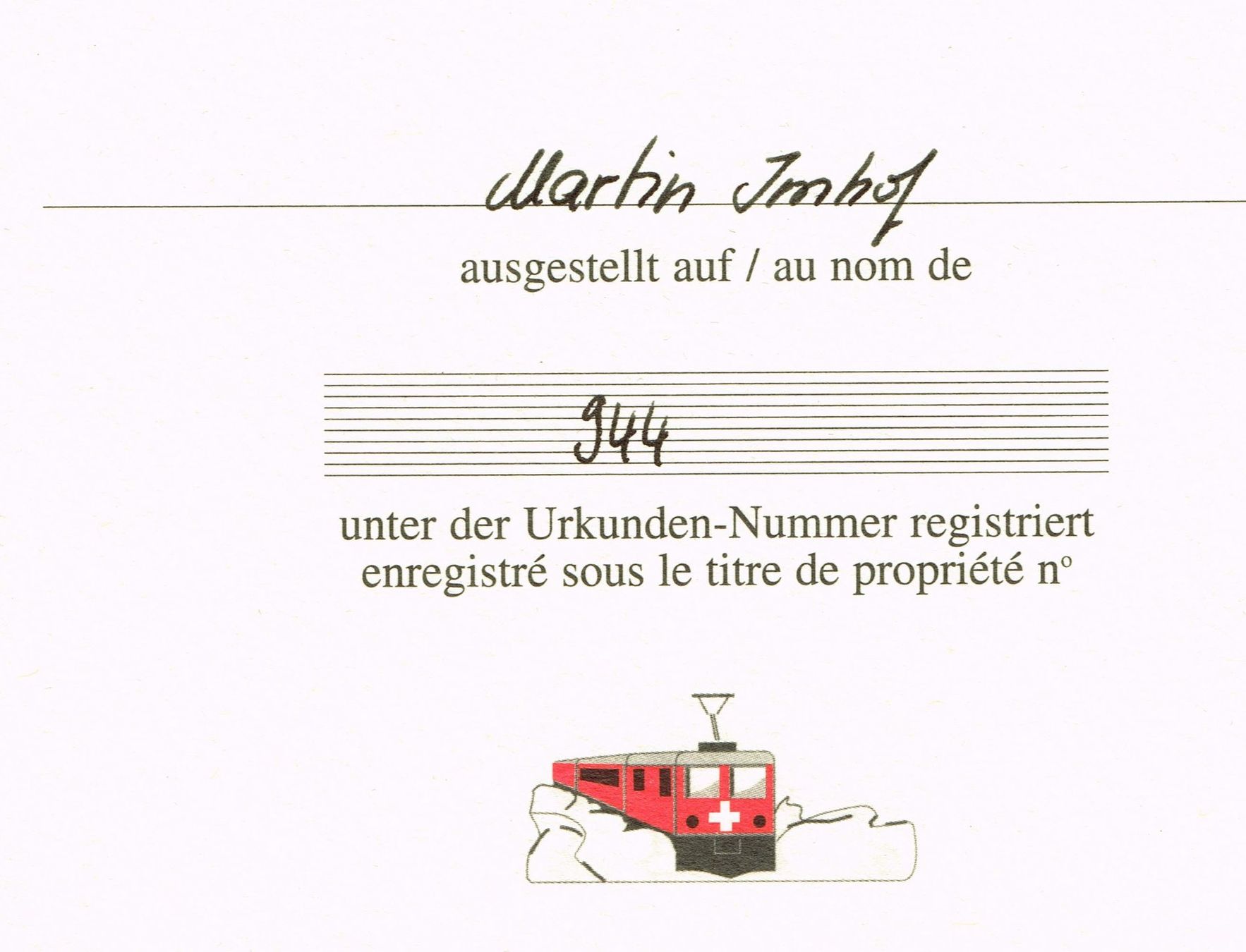 Dokumente: Schweizer Eisenbahnen_944_Besitz-Urkunde – Gebraucht aus Hombrechtikon von Fraese01 2