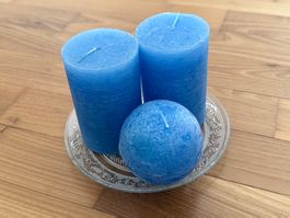 3 blaue Kerzen, Dekoration, Vintage Glasplatte, Winter !