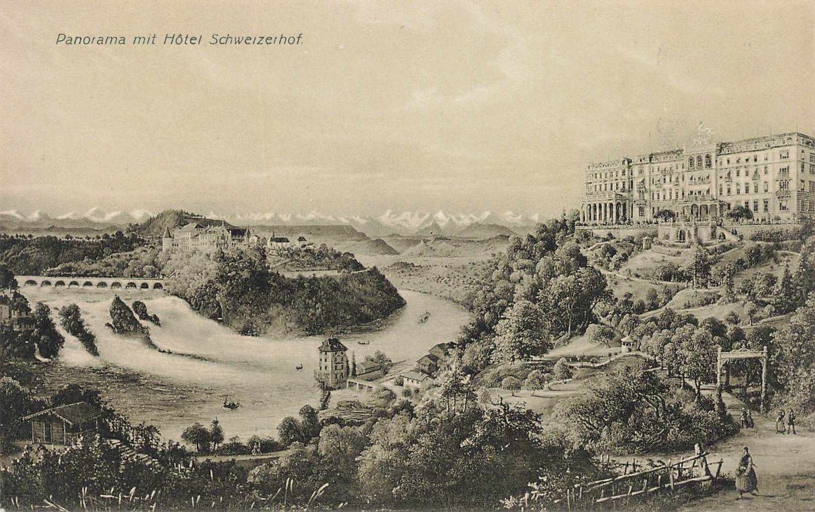 Cartoline postali: Panorama mit Hotel  Rheinfall – Usato da Biasca venduto da Blenio71