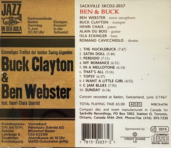 CD: Live - Buck Clayton, Ben Webster, Isla Eckinger, Henri Chaix – Usato da Unterbäch venduto da yohanson 1