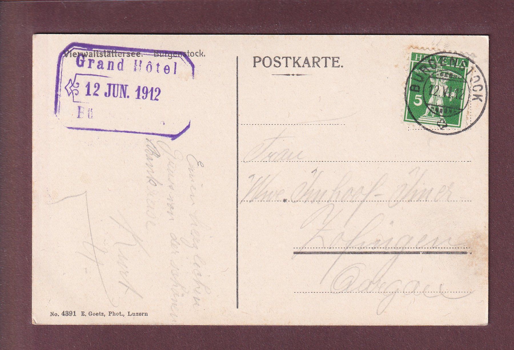 Cartoline postali: BÜRGENSTOCK - 1912 – Usato da Pully venduto da nicecards 1