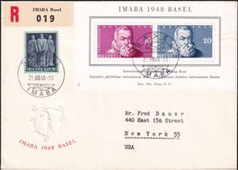 1948, IMABA-Block Nr. W31+, auf offiz. R-FDC nach USA (NY).