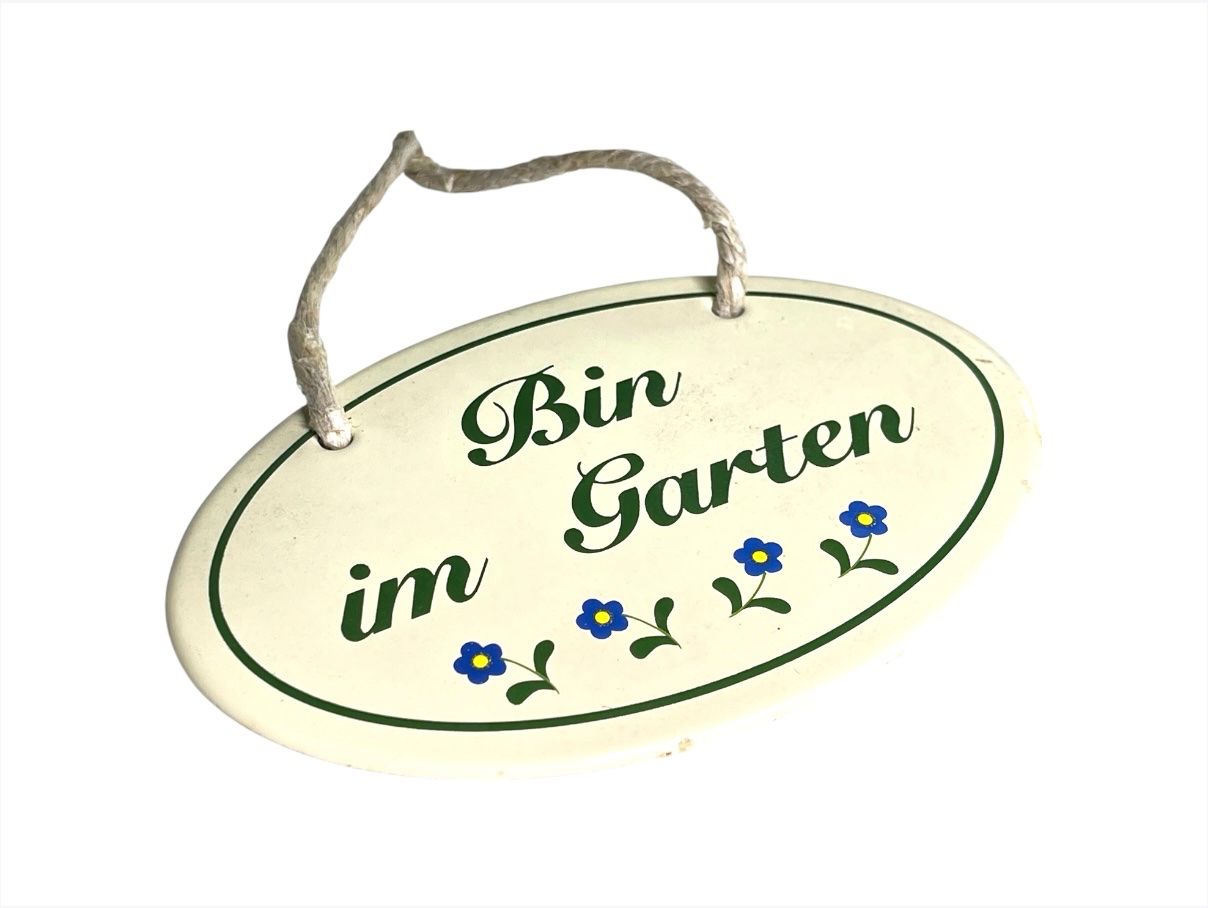 Insegne: Emaile Gartenschild "Bin im Garten" oval Creme mit Blumen – Usato da Luzern venduto da woti-shop