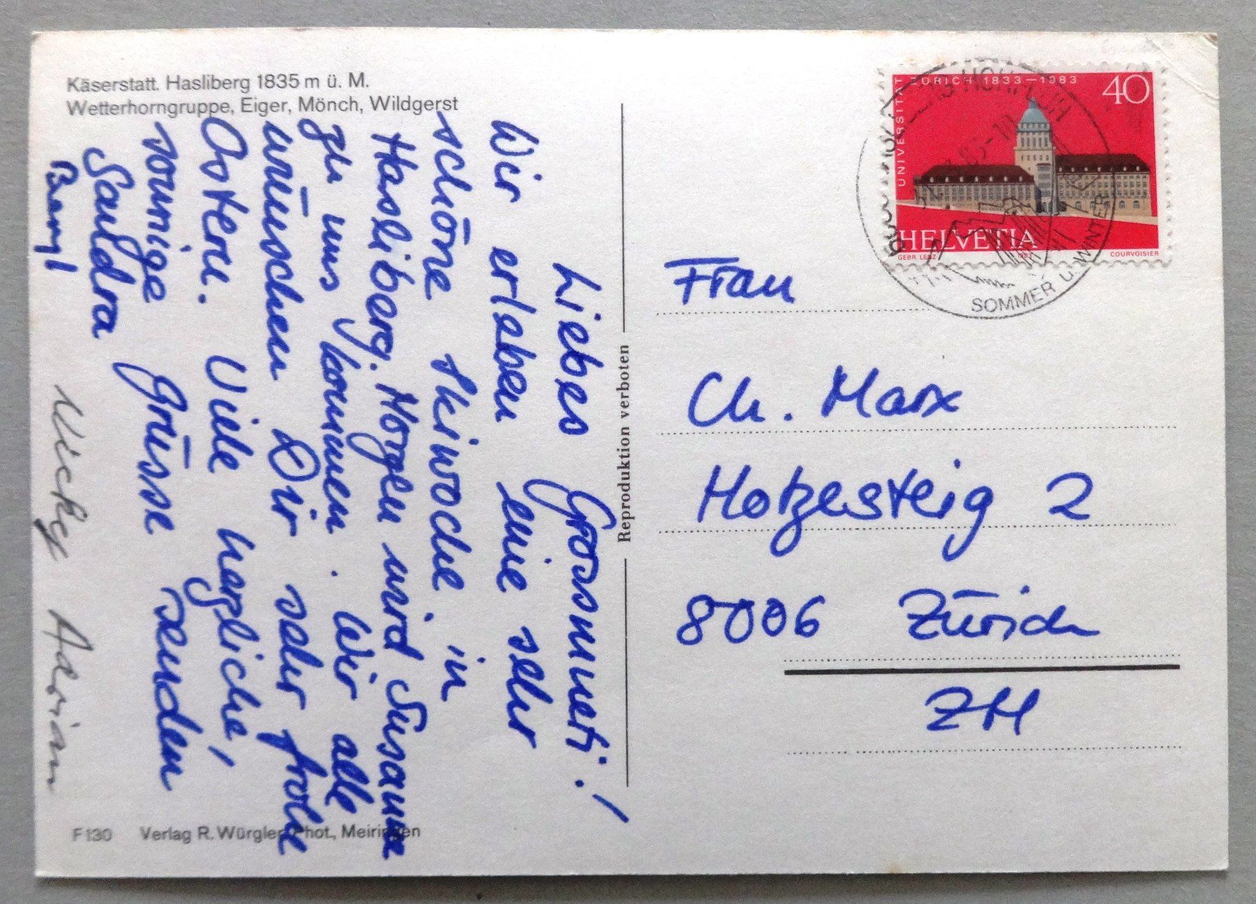 Cartoline postali: Käserstatt, Hasliberg 1835 m ü.M. – Usato da Fétigny venduto da Billy2miny 1