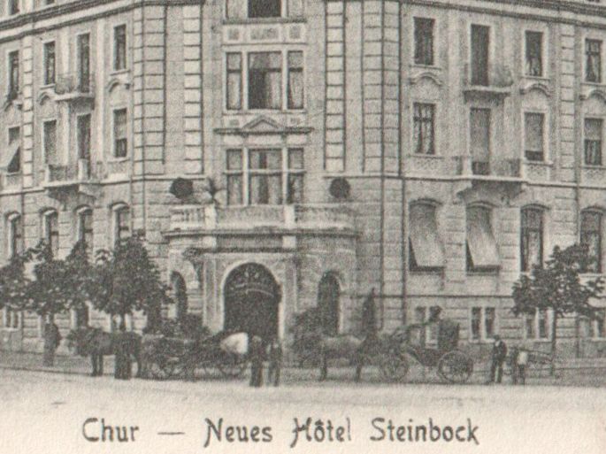 Cartoline postali: CHUR: Hotel Steinbock mit Kutschen 1905 – Usato da Engelburg venduto da Swisscards