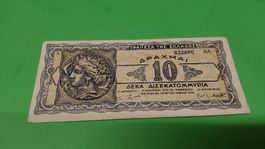 Seltene griechische 10 Drachmen Banknote, Jahr 1944, Top!
