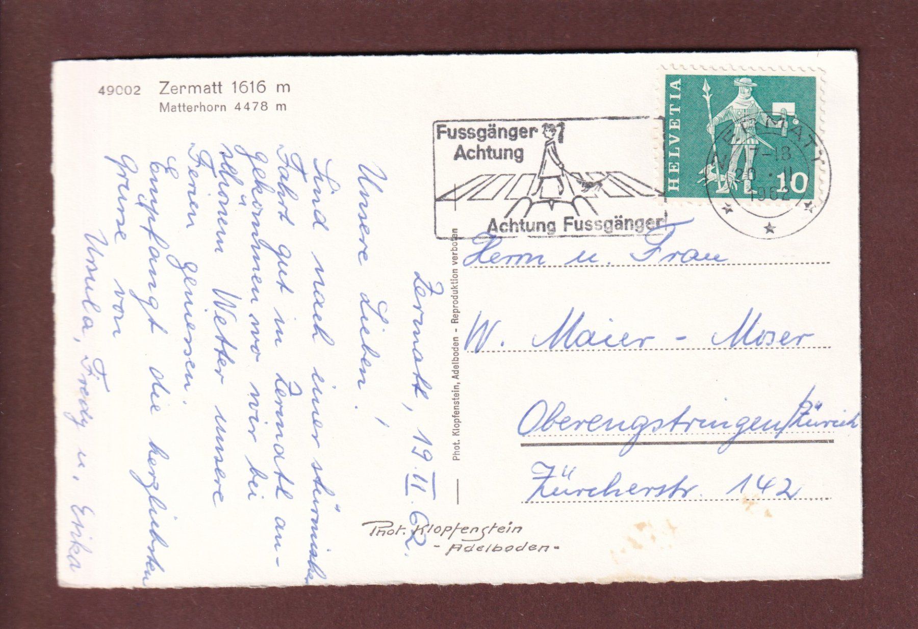 Cartoline postali: ZERMATT - Matterhorn - 1962 – Usato da Pully venduto da nicecards 1