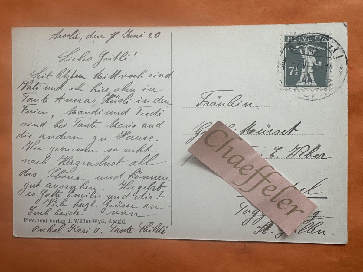 Ansichtskarten: 1920 Aeschi Kirche und Alpen – Gebraucht aus Zürich von Chaeffeler 1