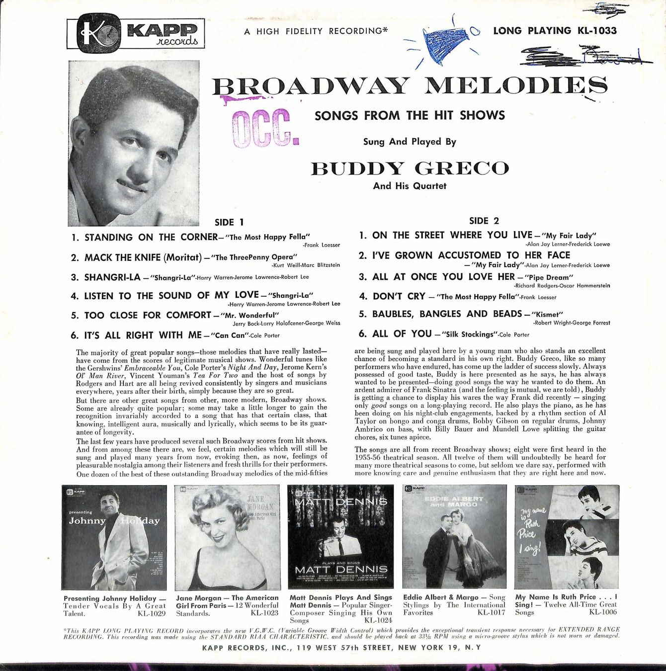 Dischi in vinile: LP: Buddy Greco and His Quartet - Broadway Melodies – Usato da Trimmis venduto da Dres2 1