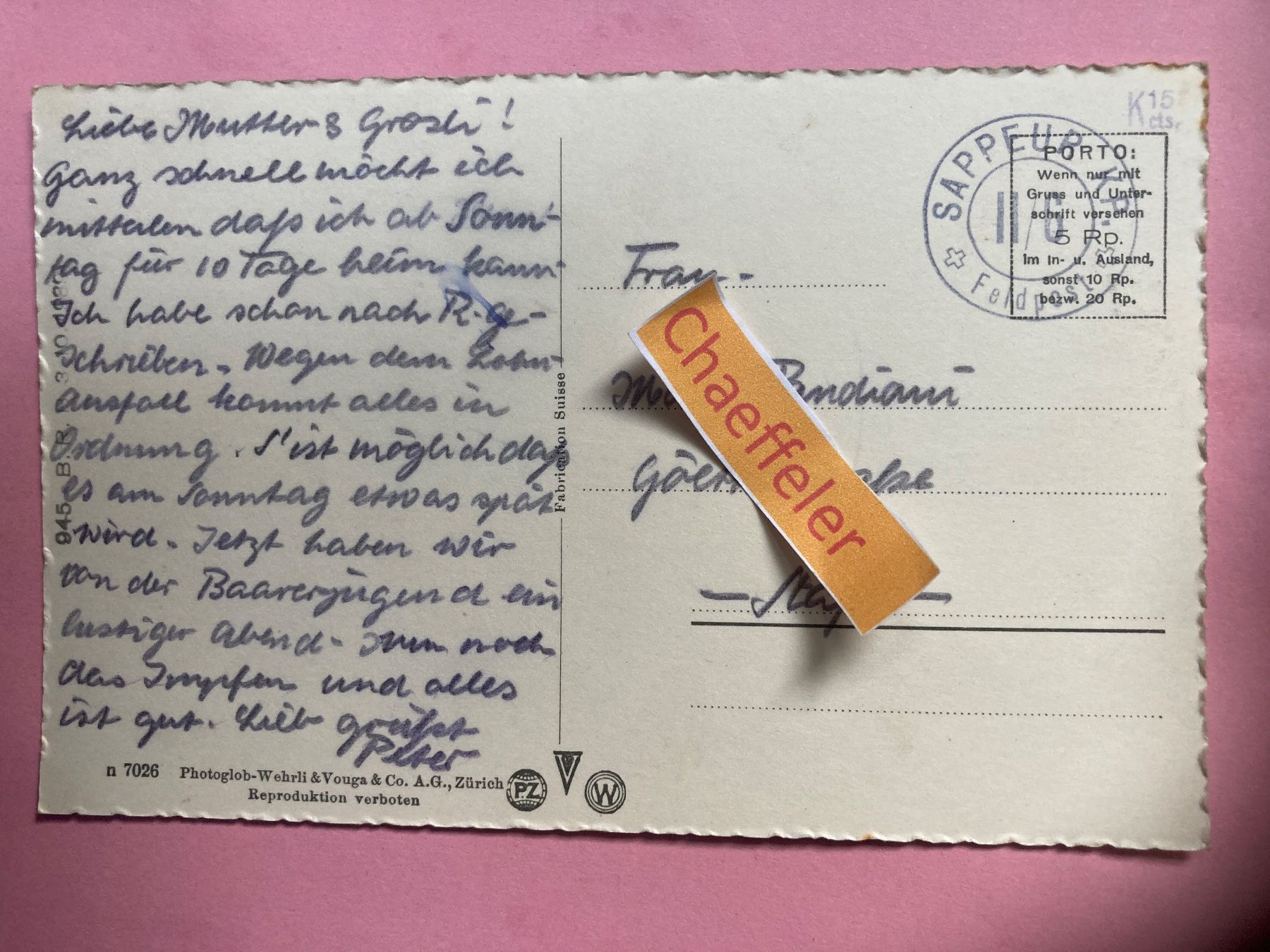 Cartoline postali: Feldpost: Lorzentobelbrücke bei Zug. – Usato da Zürich venduto da Chaeffeler 1