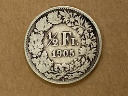 SVIZZERA 1/2  FR MONETA IN ARGENTO 1905 usata - circolata