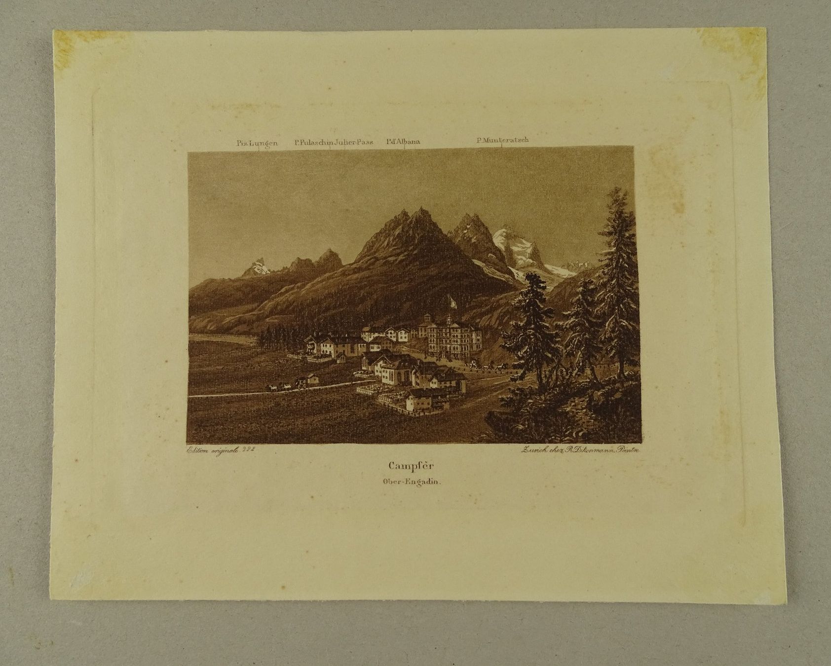 Incisioni: CAMPFER, ENGADIN, DIKENMANN AQUATINTA UM 1850 – Usato da Grüningen venduto da Kartensammler 1