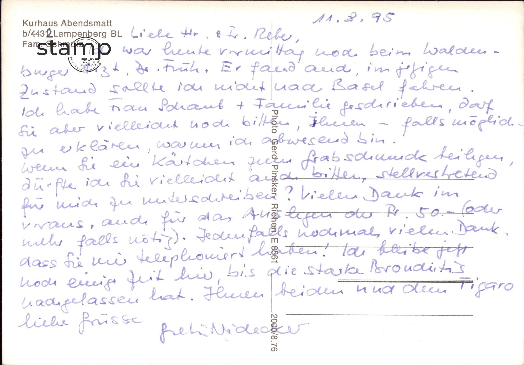 Cartoline postali: 1995 AK Lampenberg - Kurhaus Abendsmatt – Usato da Eggersriet venduto da stamp303 1