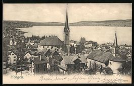 Horgen, Kirche und See aus der Vogelscha