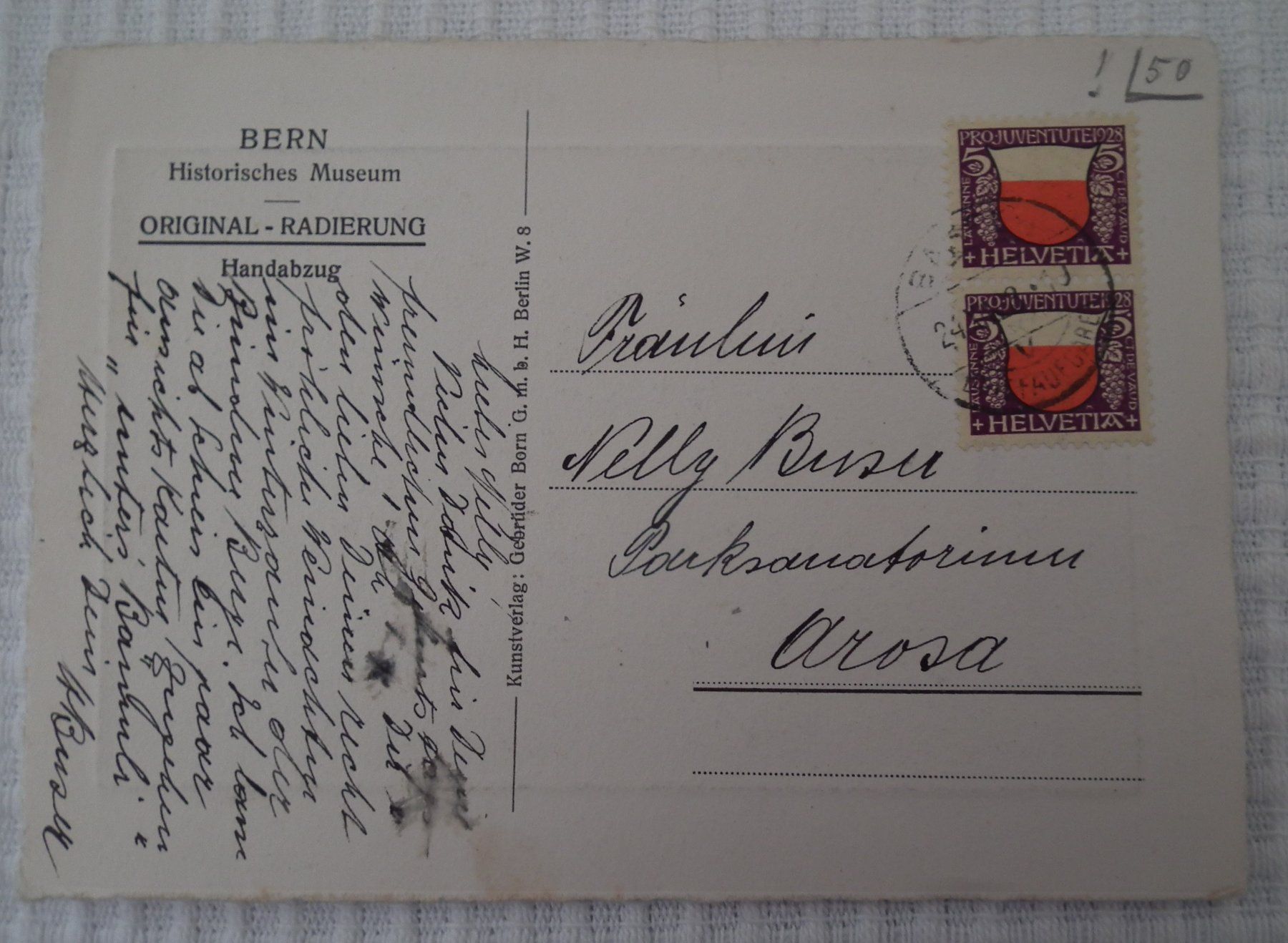 Cartoline postali: 1928 Ansichtskarte BERN Hist. Museum,  Orig.-Radierung – Usato da Kriens venduto da WULLU99 1