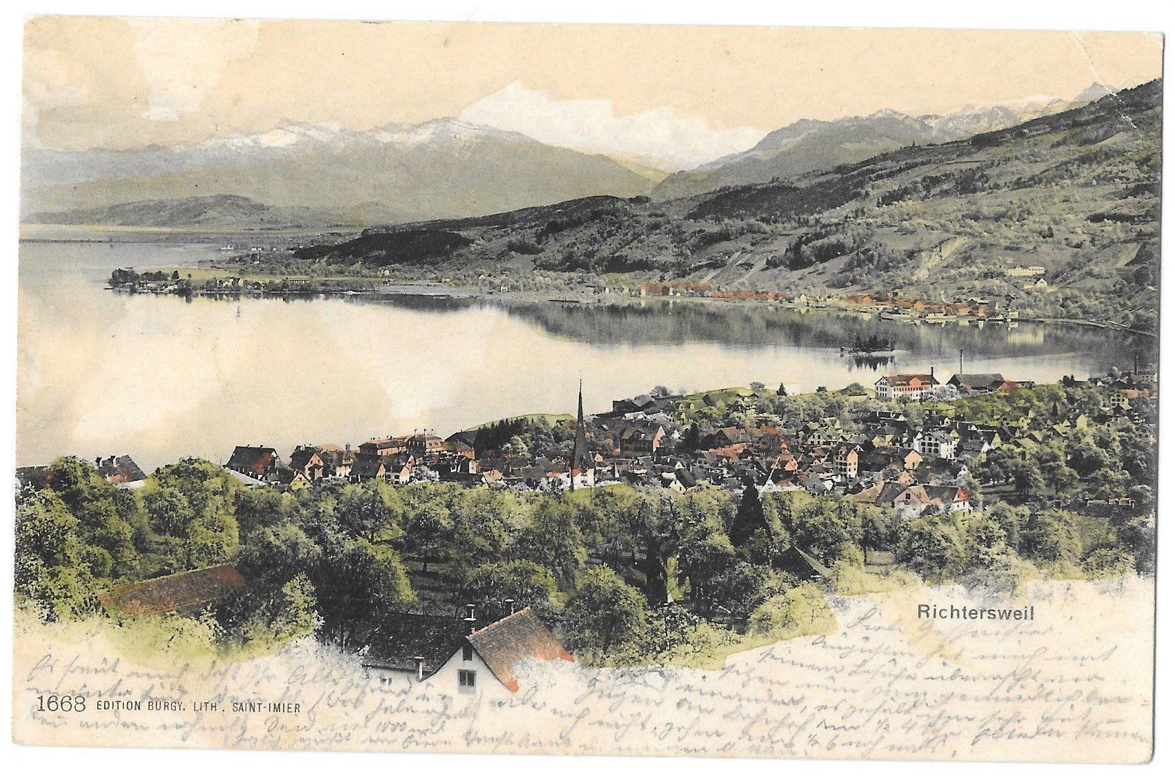 Cartoline postali: Richterswil colorierte Gesamtansicht – Usato da Olten venduto da clotaldi