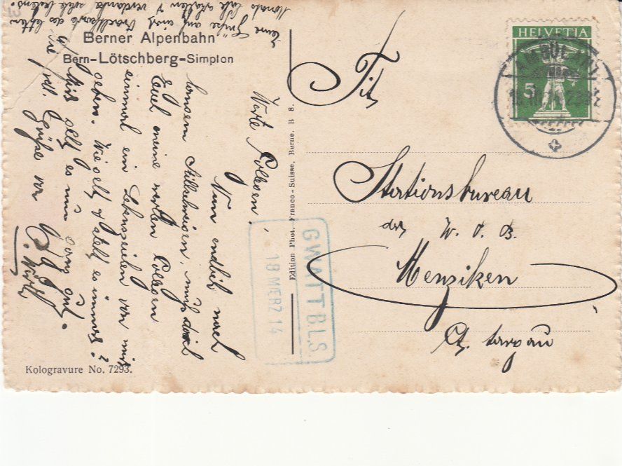 Cartoline postali: Kandersteg BLS 1914, mit Bahnstempel Gwatt – Usato da Bürglen TG venduto da StampGraf 1