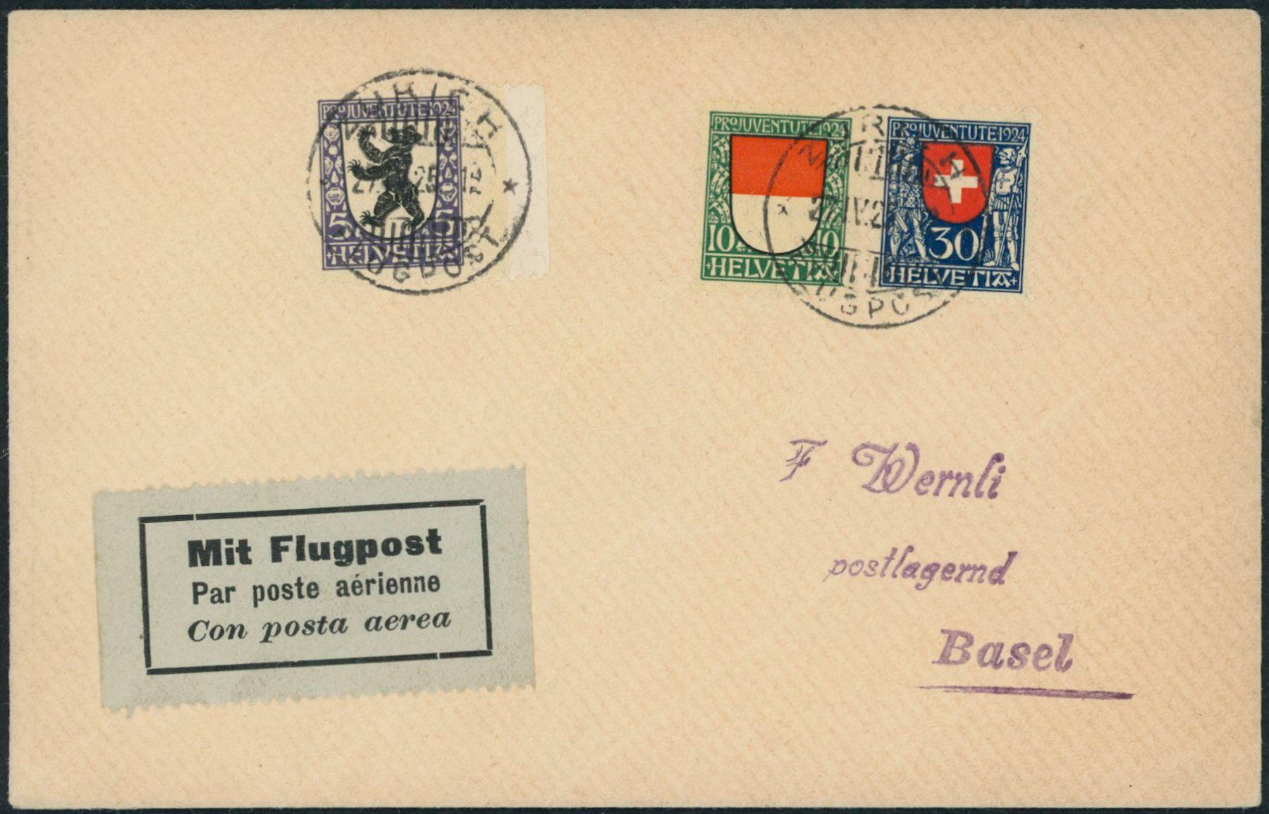 Alle Briefmarken: 1924 - Pro Juventute - Flugpost - Brief - BFr – Gebraucht aus Schindellegi von leecollect