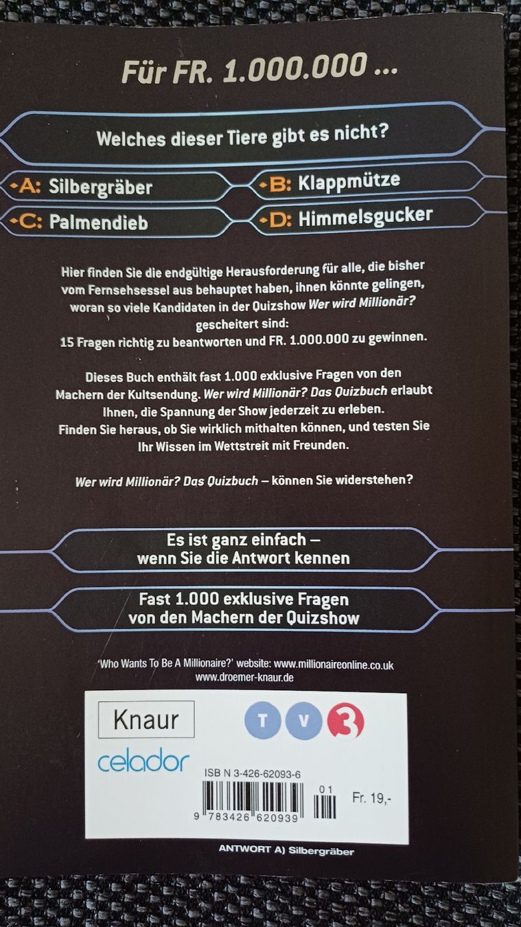 Bücher: Quiz- Buch WER WIRD MILLIOÄR - Schweizer Ausgabe – Gebraucht aus Siegershausen von Bubsi83 1