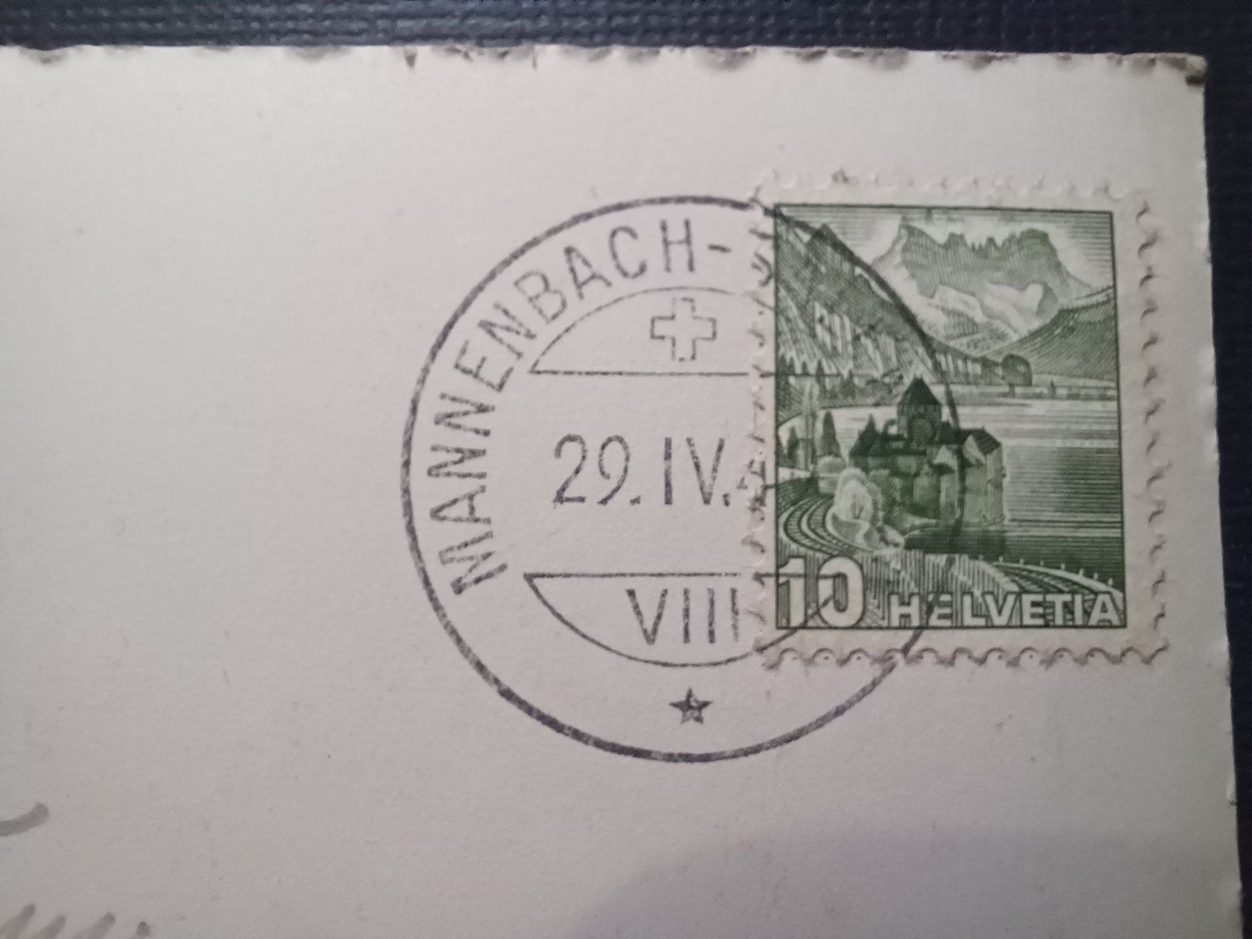 Cartoline postali: Luftbild Swissair, Hotel Schiff, Mannenbach, 1949 – Usato da Aarau Rohr venduto da mgvw 5