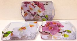 3 STK Servier Tablett EXELLENT HOUSWARE mit Orchideenmotiven