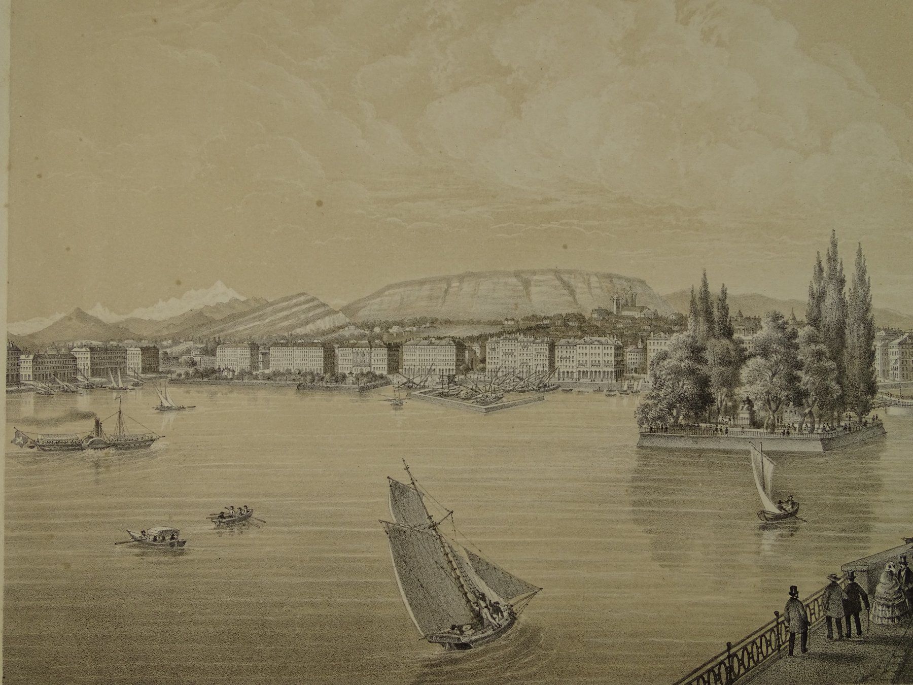 Stiche: GENÈVE, GENF, GROSSE LITHOGRAPHIE UM 1850 – Gebraucht aus Grüningen von Kartensammler 3