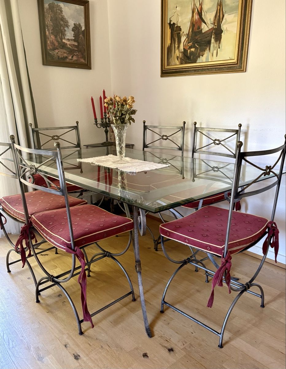 Tischset: Ensemble table à manger en verre avec 6 chaises, structure e – Gebraucht aus Petit-Lancy von cir_26qs