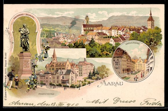 Cartoline postali: Litho Aarau, Zschkke-Denkmal, Ortsansich – Usato da Berlin venduto da bartko-reher