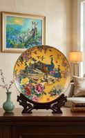 Antike chinesische Zierplatte Pfau mit Ständer & Box