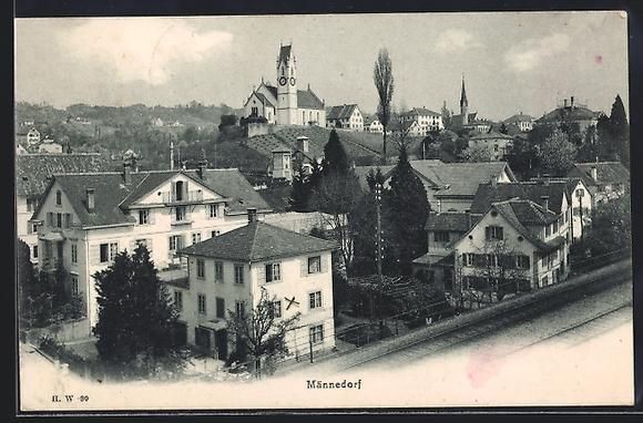Cartes postales: AK Männedorf, Ortsansicht mit Kirche – D'occasion à Berlin par bartko-reher