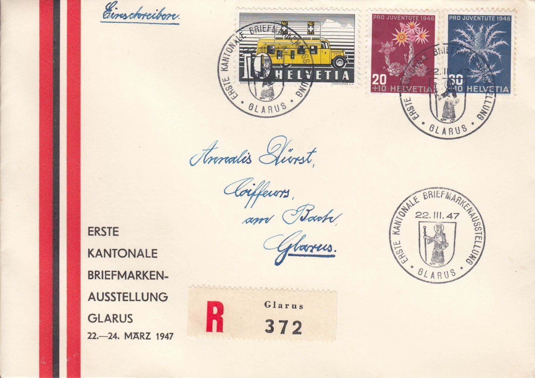 Tutti i francobolli: 1. Kant. Briefm.Ausstellung Glarus 1947 – Usato da Bürglen TG venduto da StampGraf
