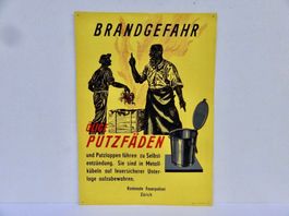 BLECHSCHILD BRANDGEFAHR ÖLIGE PUTZFÄDEN FEUERPOLIZEI ZÜRICH