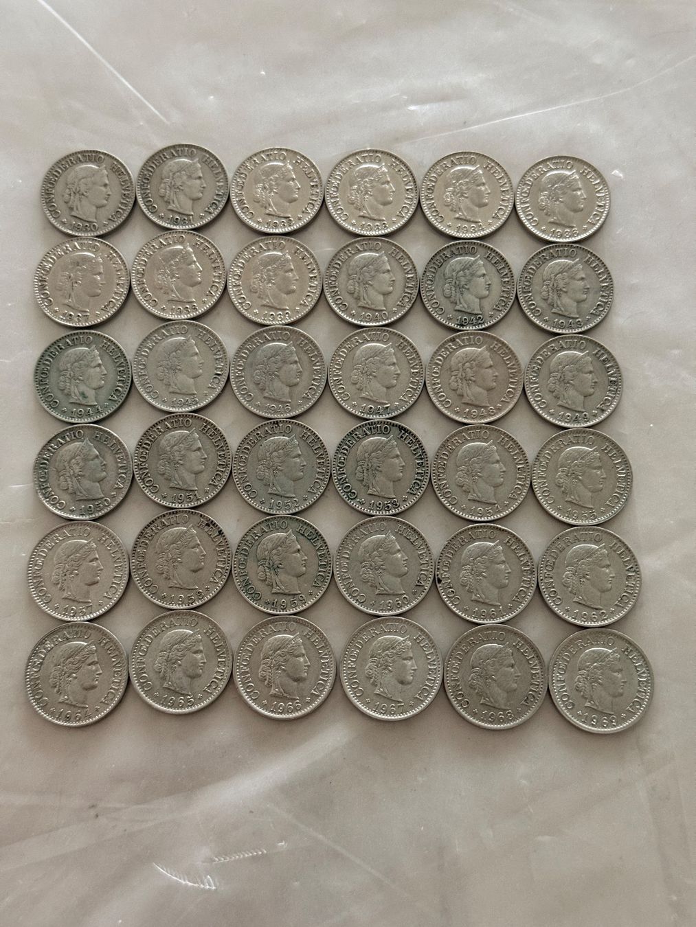 Tutti le monete: 36 x 10 Rappen  1930 - 1969 – Usato da Wallisellen venduto da SWISS_SILVER1