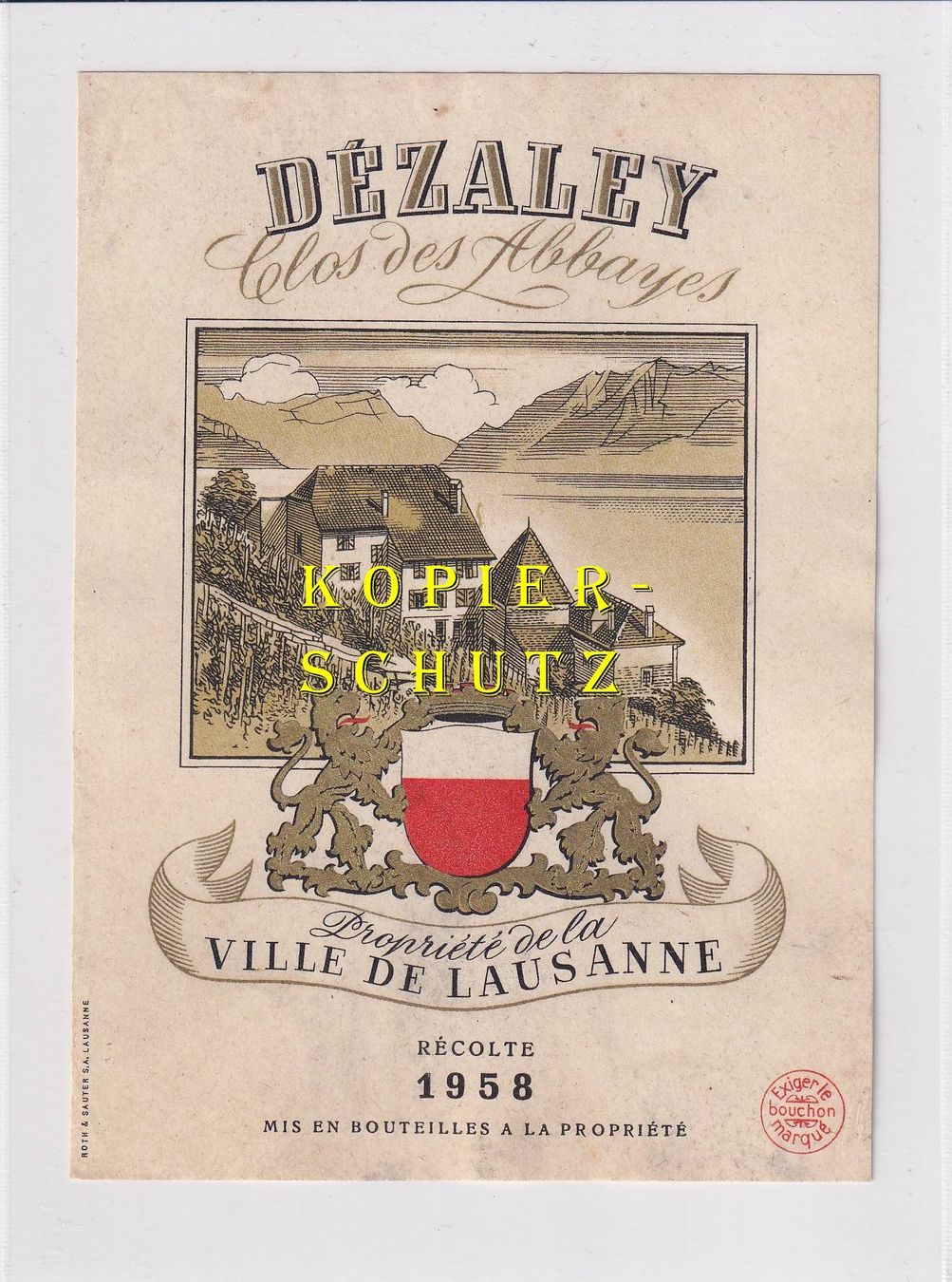 Papiere: Etikette - Dézaley "Clos des Abbayes" 1958 /bd – Gebraucht aus Hombrechtikon von Rudolf07