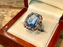 JUGENDSTIL RING SILBER 800-ER TOPAS UM 1900, GR.55