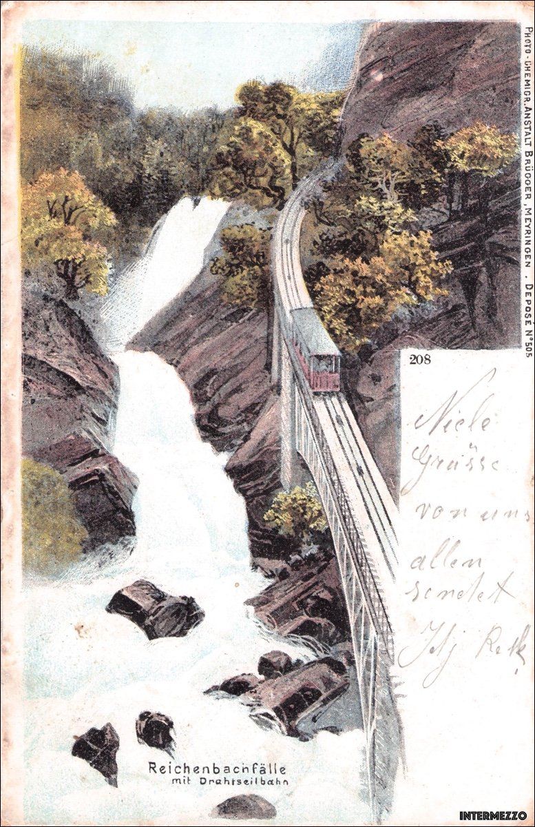 Ansichtskarten: Reichenbachfälle BE // 1907 Litho Drahtseilbahn – Gebraucht aus Basel von intermezzo12
