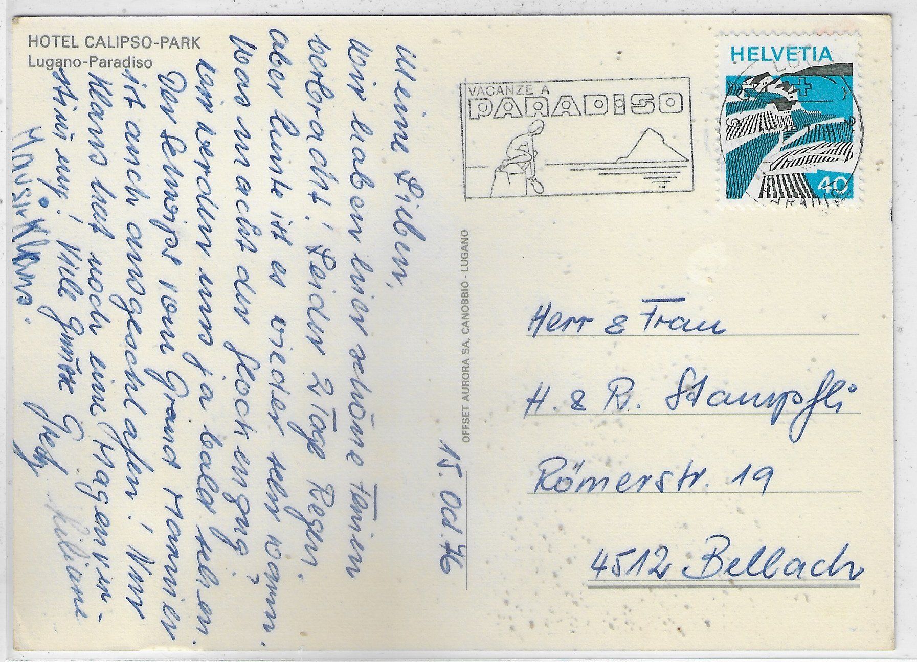 Cartoline postali: Hotel Calipso-Park - Lugano-Paradiso – Usato da Ettingen venduto da Kartenplanet 1