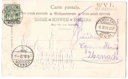 Zweizeiliger Stabstempel WYL a. Prägekarte Tonhalle ZH 1900