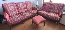 Louis Philippe Style Sitzgruppe mit Hocker, Kirschbaum/Stoff